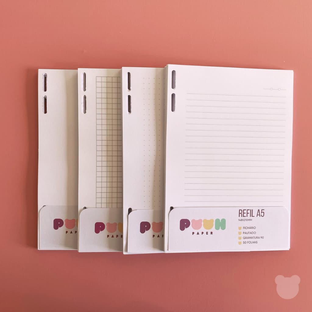 Refil Fichário Caderno Argolado A5 8 furos Universal 50/100 Folhas - Pautado, Quadriculado, Pontilhado, Liso