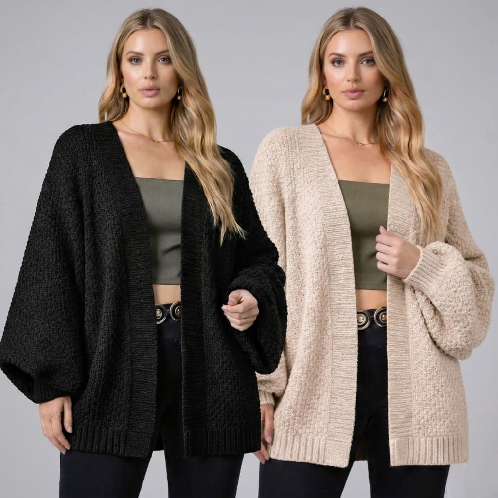Kit 2 Cardigan Feminino Tricot Inverno Encorpado Manga Ampla Casaco Kimono Manga Bufante Longa Tricô