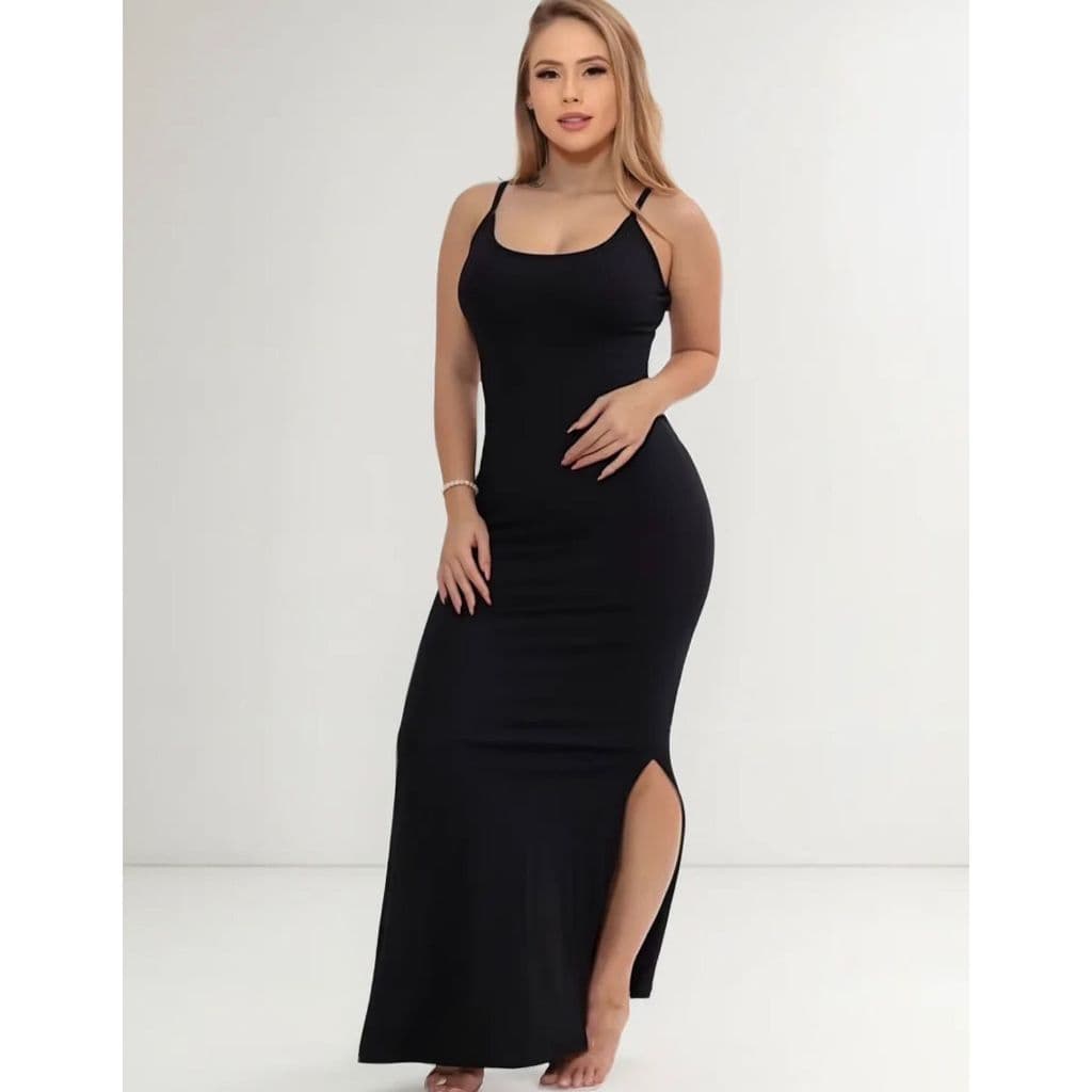 Vestido Longo Feminino Canelado Premium Com Fenda Lateral Alcinha