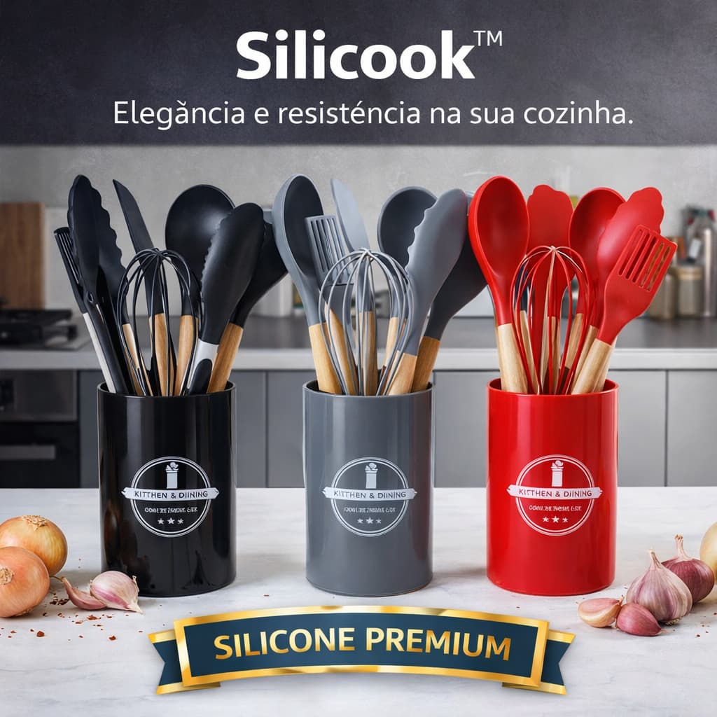 Kit Utensílios Silicone Silicook™ 7 Peças Cabo Madeira Antiaderente Resistente Cozinha
