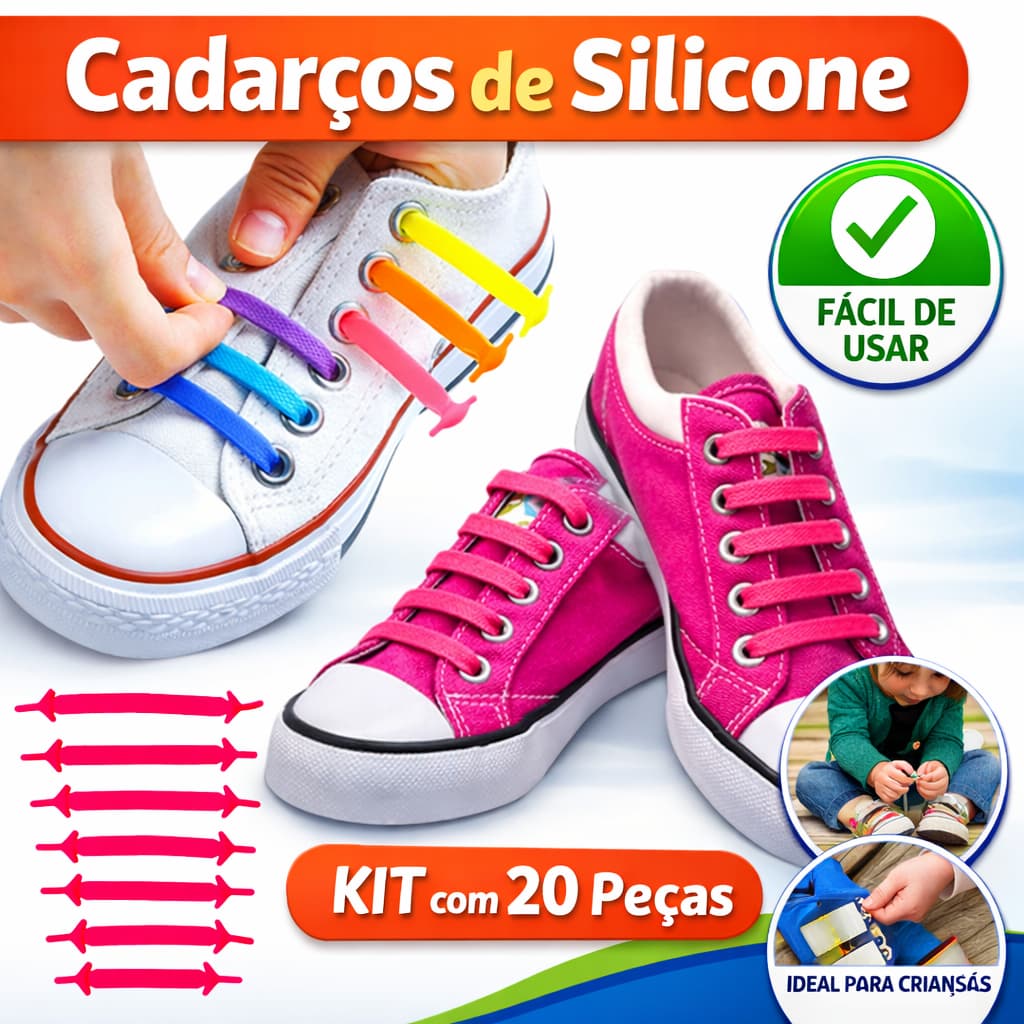 Kit 20 Cadarço De Silicone Colorido Adulto Infantil Com 20 Peças Elástico -10 Pares
