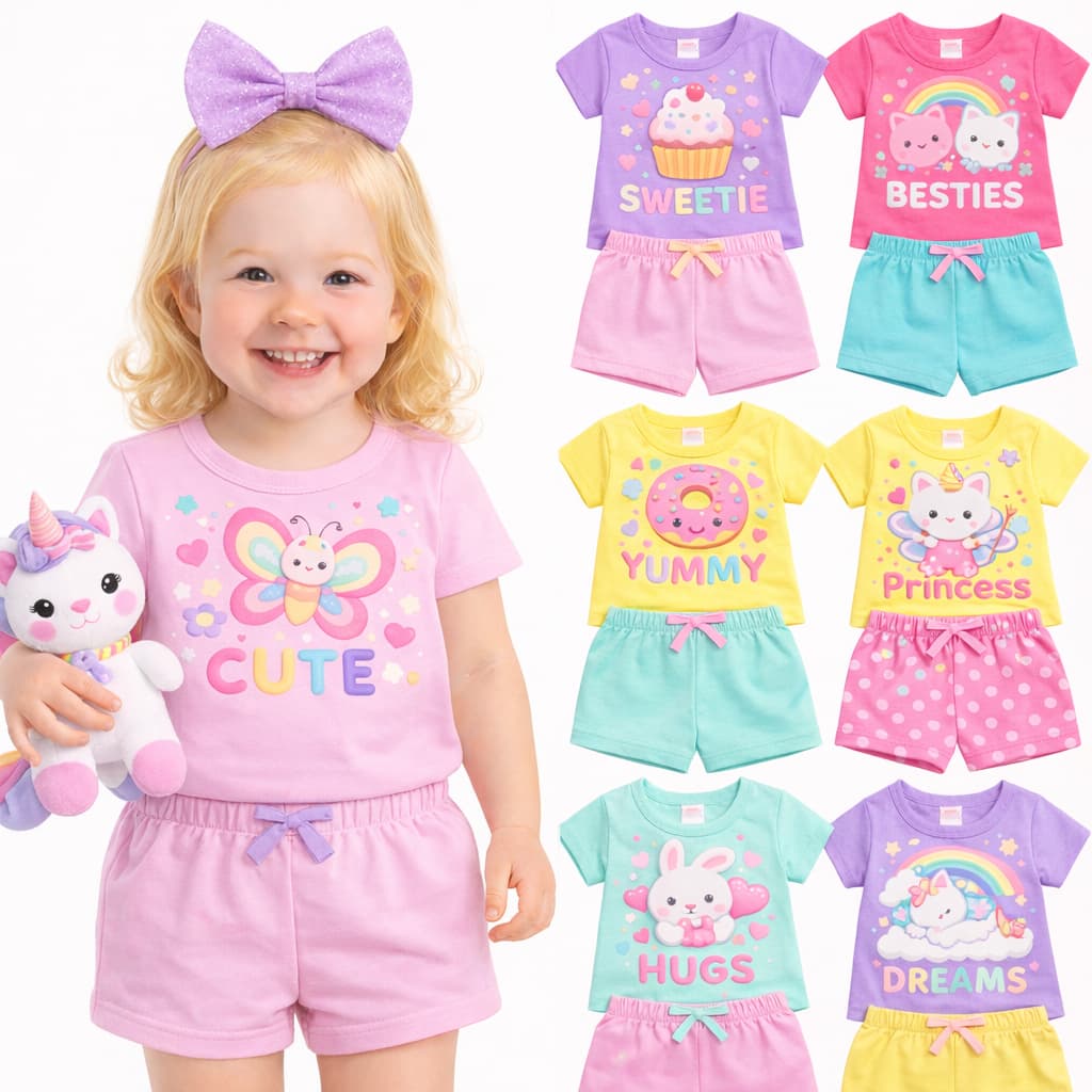 Kit Sortidos 2 ou 4 Peças Roupas Infantil Menina Verão Conjuntos de Verão Menina Bebê Blusa Manga Curta e Shorts