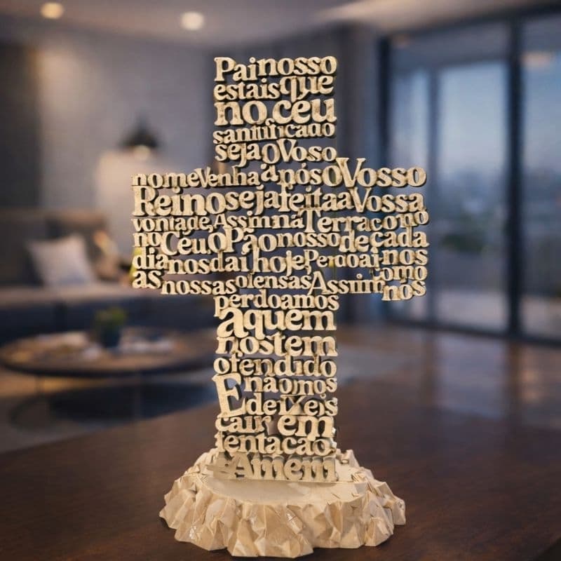 Cruz Decorativa Pai Nosso em Palavras – Escultura Moderna