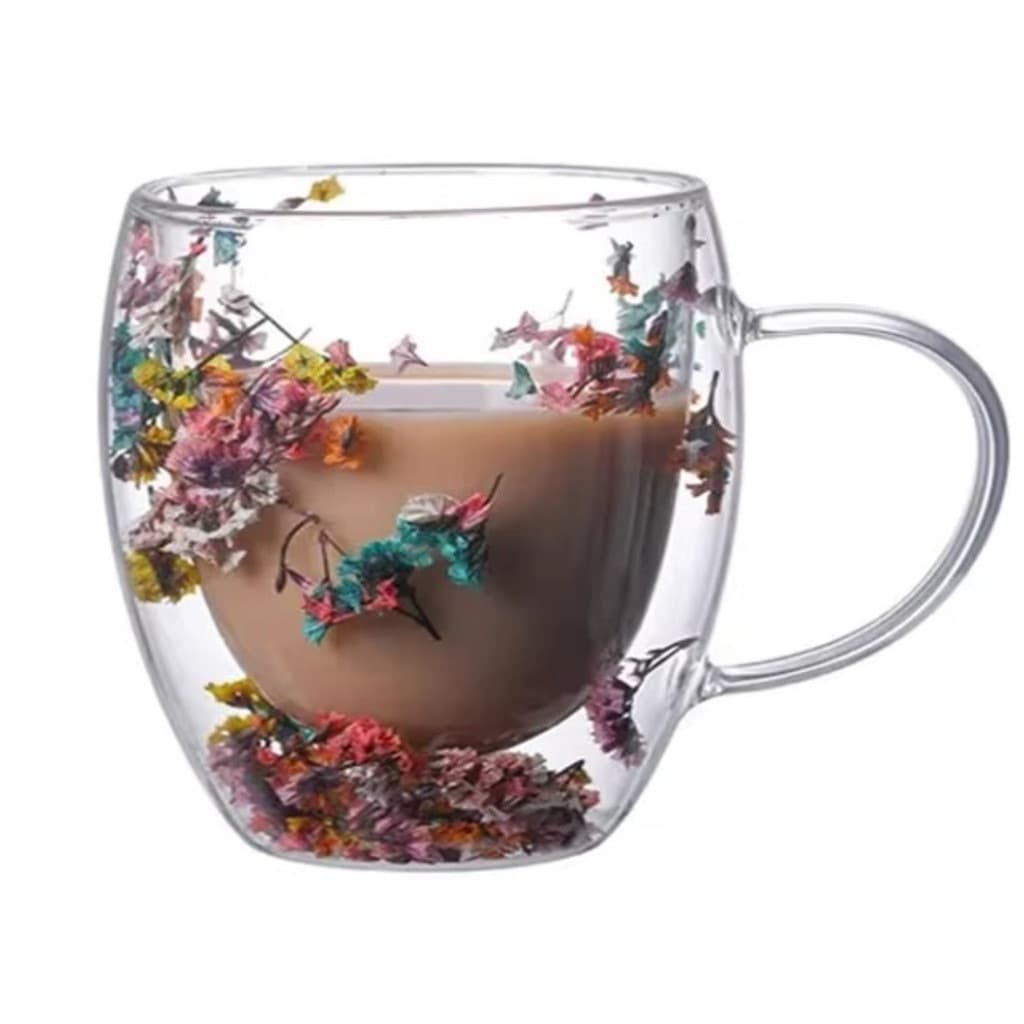 Caneca de Vidro Duplo com Flores Secas 250ml – Caneca Transparente Elegante para Café, Chá e Bebidas Quentes