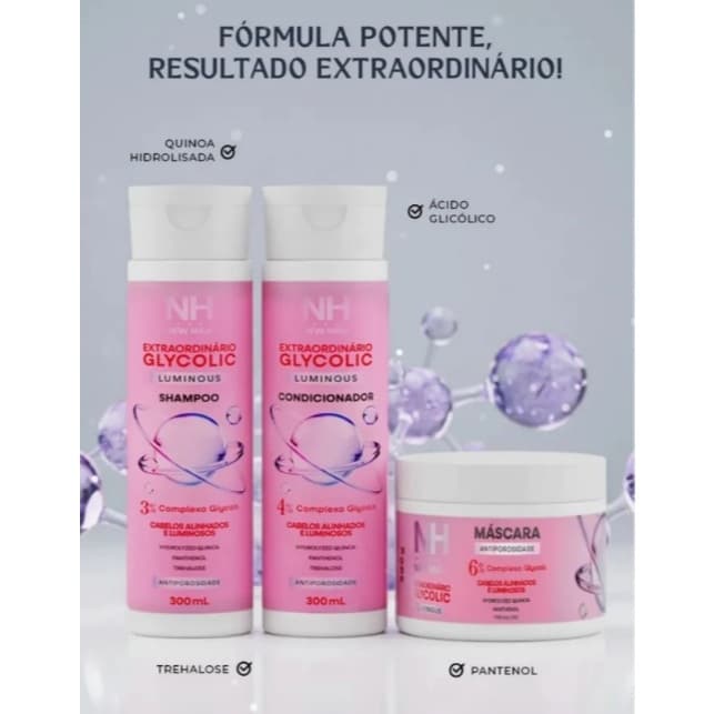 Kit Capilar Glycolic Luminous Extraordinário New Hair Com Shampoo, Condicionador e Máscara