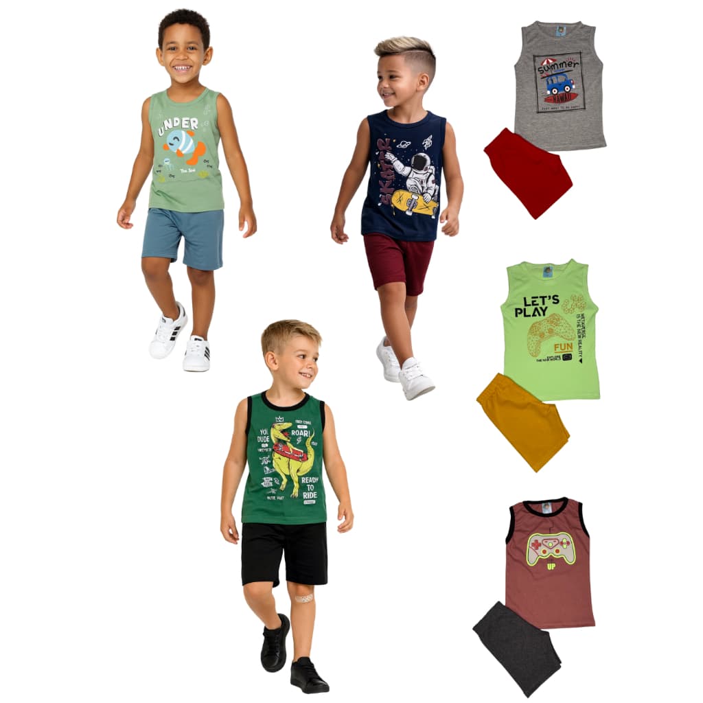 Kit 6 Peças Regata Menino Verão 3 Regatas 3 Bermudas Sortido TAM 1 ao 8