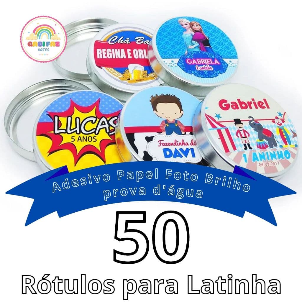 50 Rótulos Adesivo Personalizado p/ Latinha / Pirulito de Chocolate, Aniversário, Lembrancinha