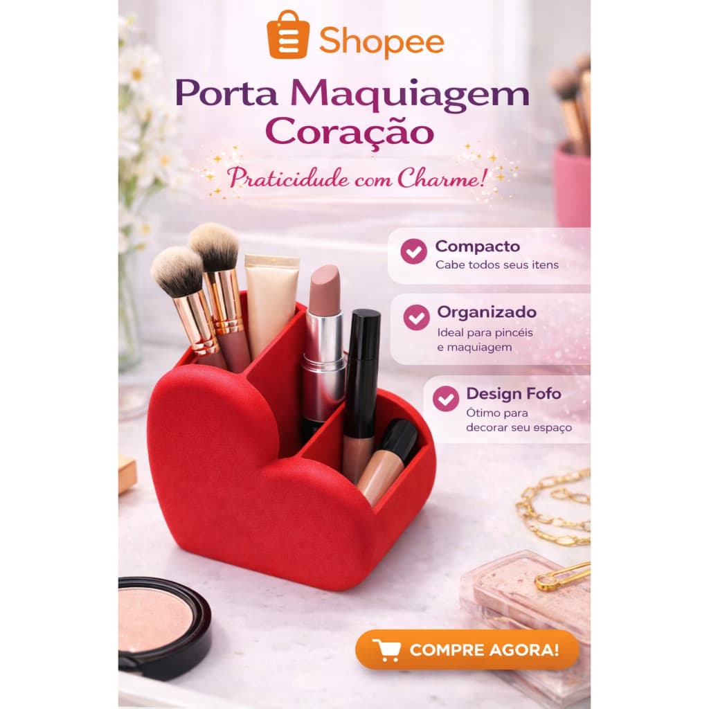 Porta Maquiagem Coração Organizador de Cosméticos – Porta Batom e Pincéis Fofo para Penteadeira | Decoração Feminina