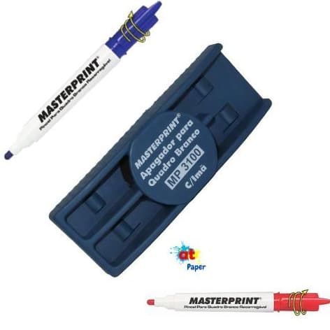 Kit Apagador Quadro Branco + 2 Pincéis Marcadores Azul e Vermelho | Escolar Escritório