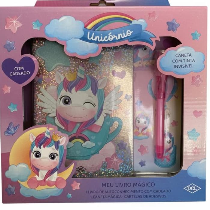 DIÁRIO MAGICO UNICORNIO COM CANETA TINTA INVISIVEL ACOMPANHA ADESIVOS DO TEMA