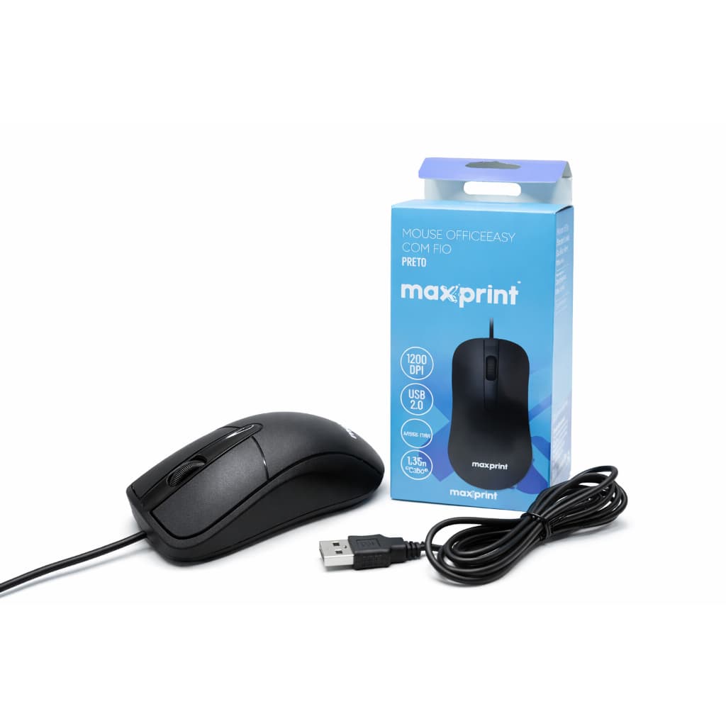 Mouse Com Fio USB Maxprint Office Easy 1200 DPI Preto Óptico PC Notebook