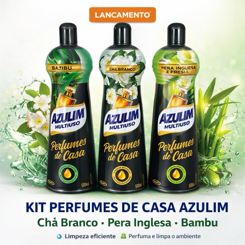 Kit 3 Multiuso Azulim Perfumes de Casa 500ml Chá Branco Pera Inglesa Bambu Limpeza Perfumada