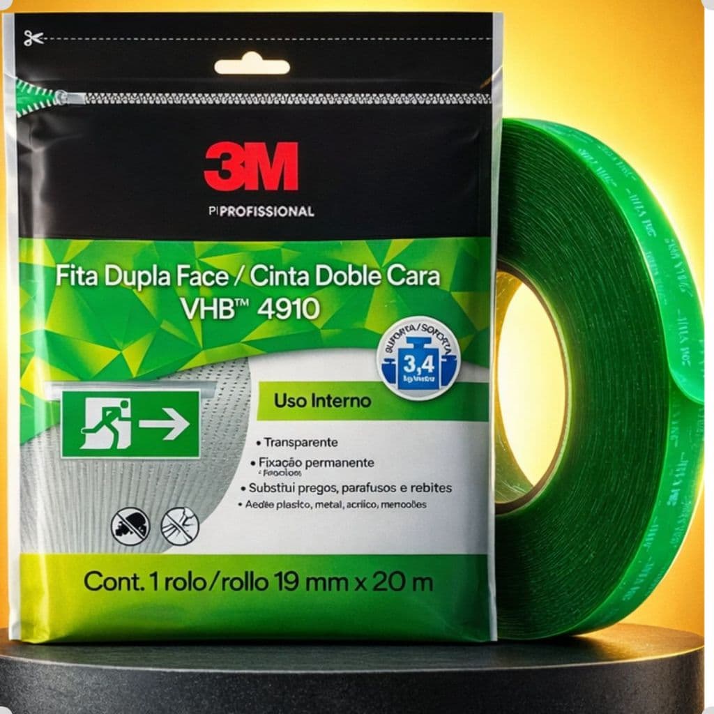 Fita Dupla Face 3M VHB 4910 Transparente 19mm x 20m Original Fixação Extra Forte Profissional