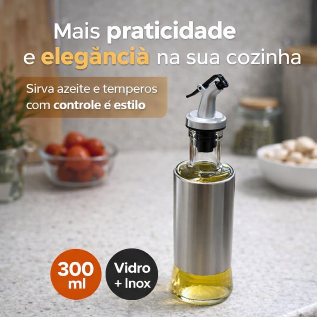 Dispenser de Temperos 300ml Vidro com Inox Bico Dosador Azeite Vinagre Molhos