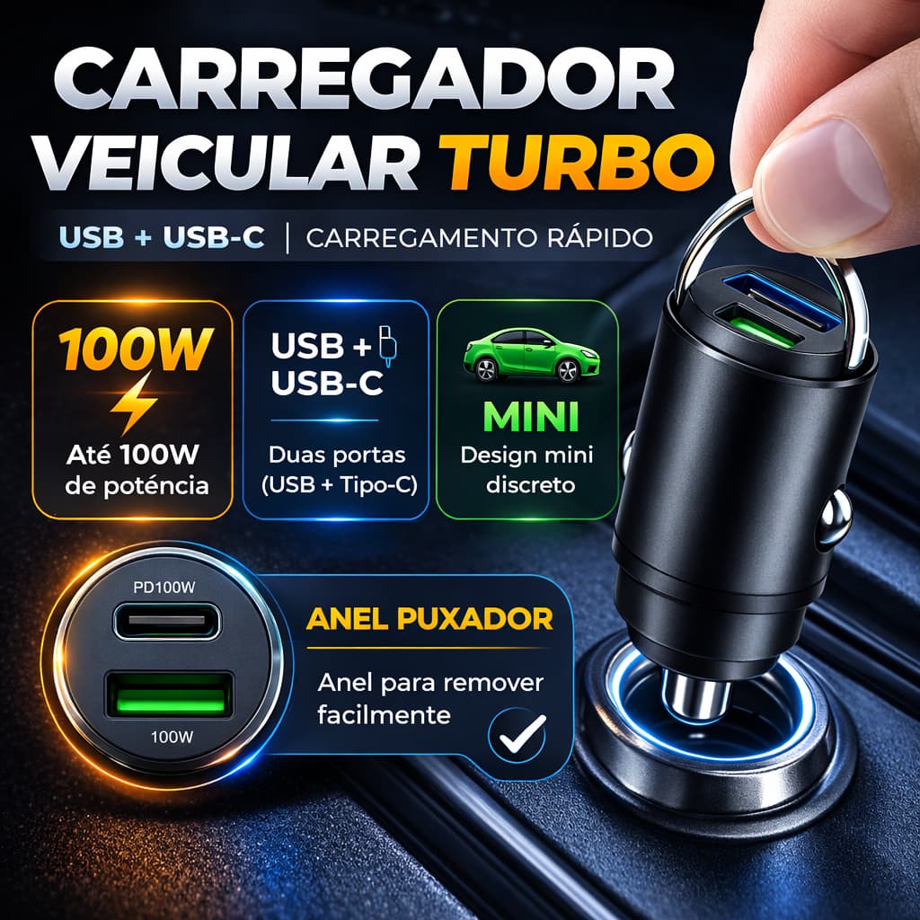 Mini carregador veicular com porta USB e Tipo C. Automotivo/Carro. Encaixa em isqueiro.