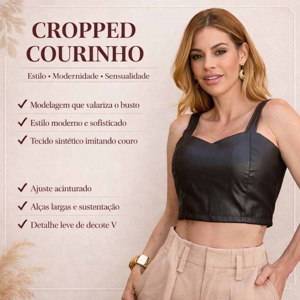 Cropped Feminino Courino Preto com Bojo e Zíper nas Costas Alça Grossa Estilo Moderno