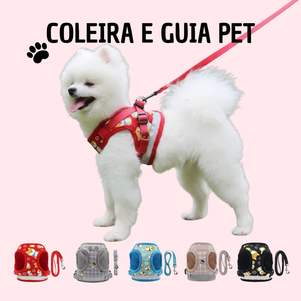 Coleira Peitoral Ajustável com Guia Reflexiva Colete Respirável para Gato e Cachorro Pequeno