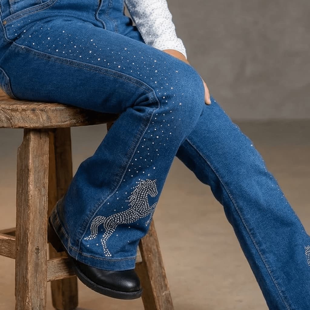 Calça Flare Feminina Jeans Meninas com Strass Cavalo Rodeio Boca de Sino Barra Larga