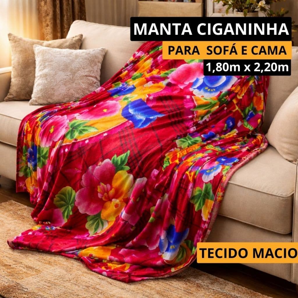 Manta Ciganinha para Sofá e Cama Decorativa 1,80x2,20m Confortável e Versátil Estampa Aleatória