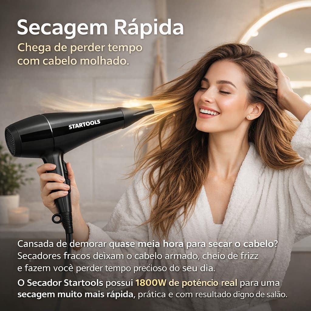 Secador 1800v Startools — Padrão de potência, praticidade para quem quer cabelo perfeito em minutos.