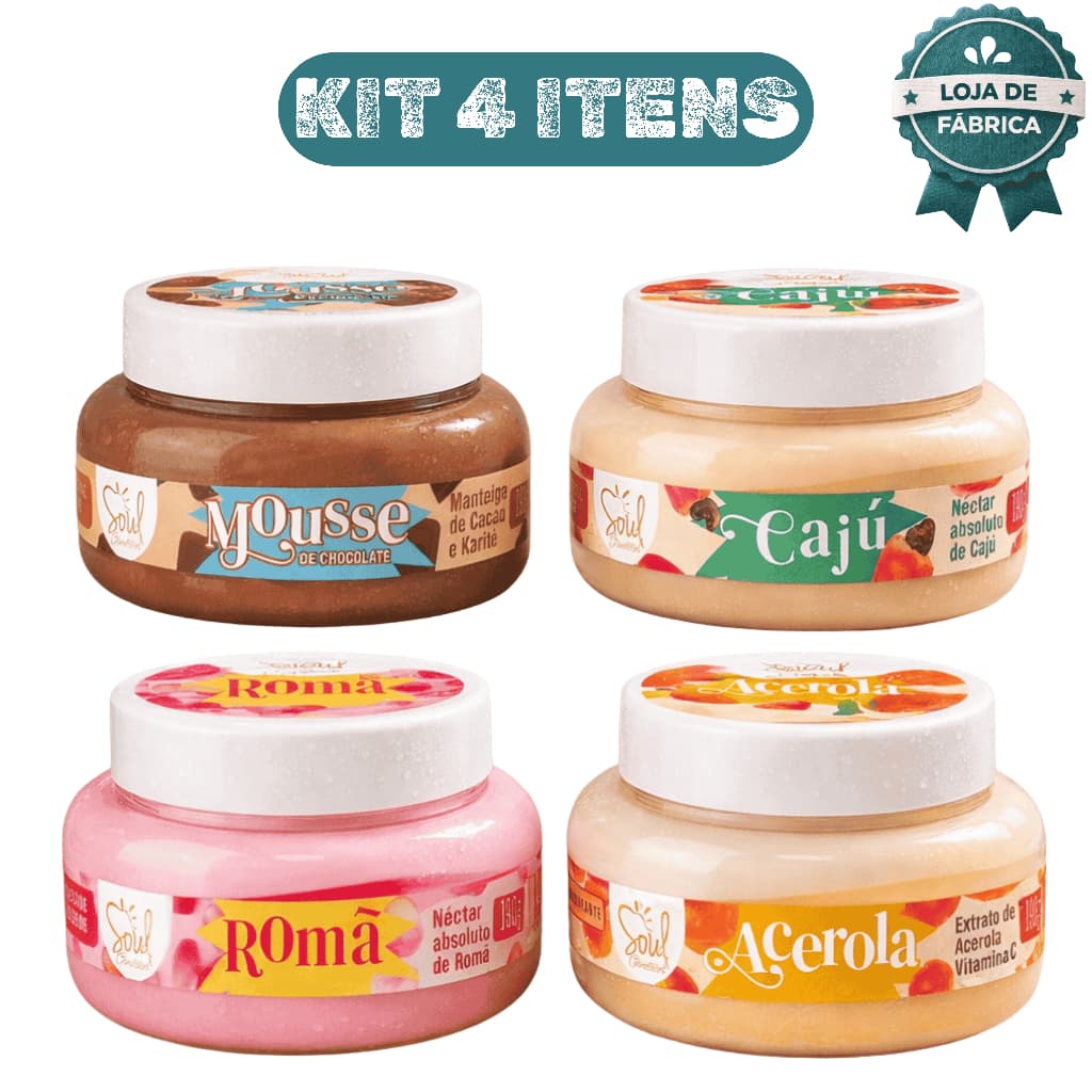 Kit 4 Geleia Hidratante Corporal Rom茫 Mousse de Chocolate Acerola Caj煤 Soul Perfume Creme Manteiga