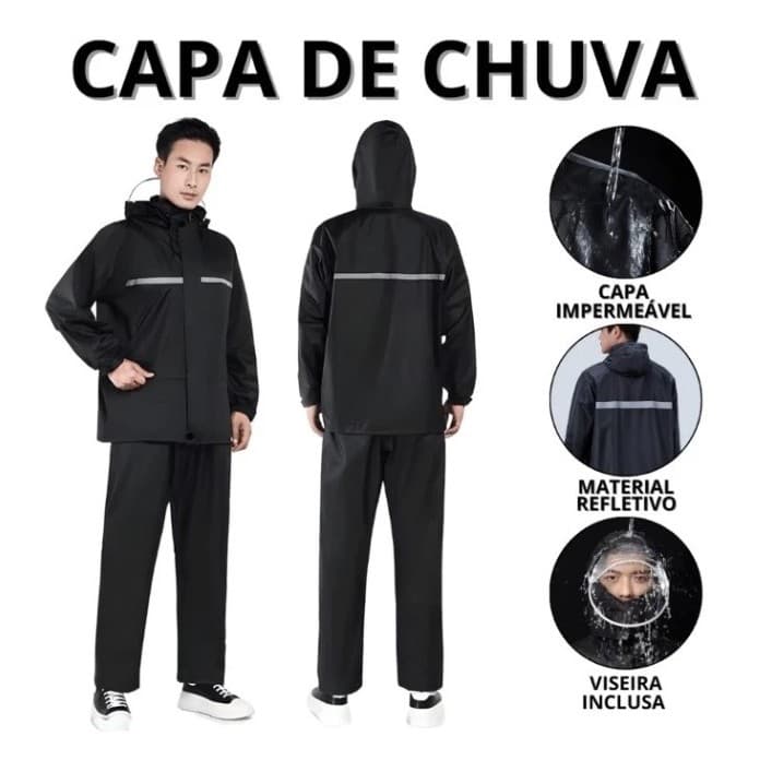 Capa de Chuva Motoqueiro Conjunto Masculino Feminina Adulto Faixa Refletiva Capuz Impermeável (8576)