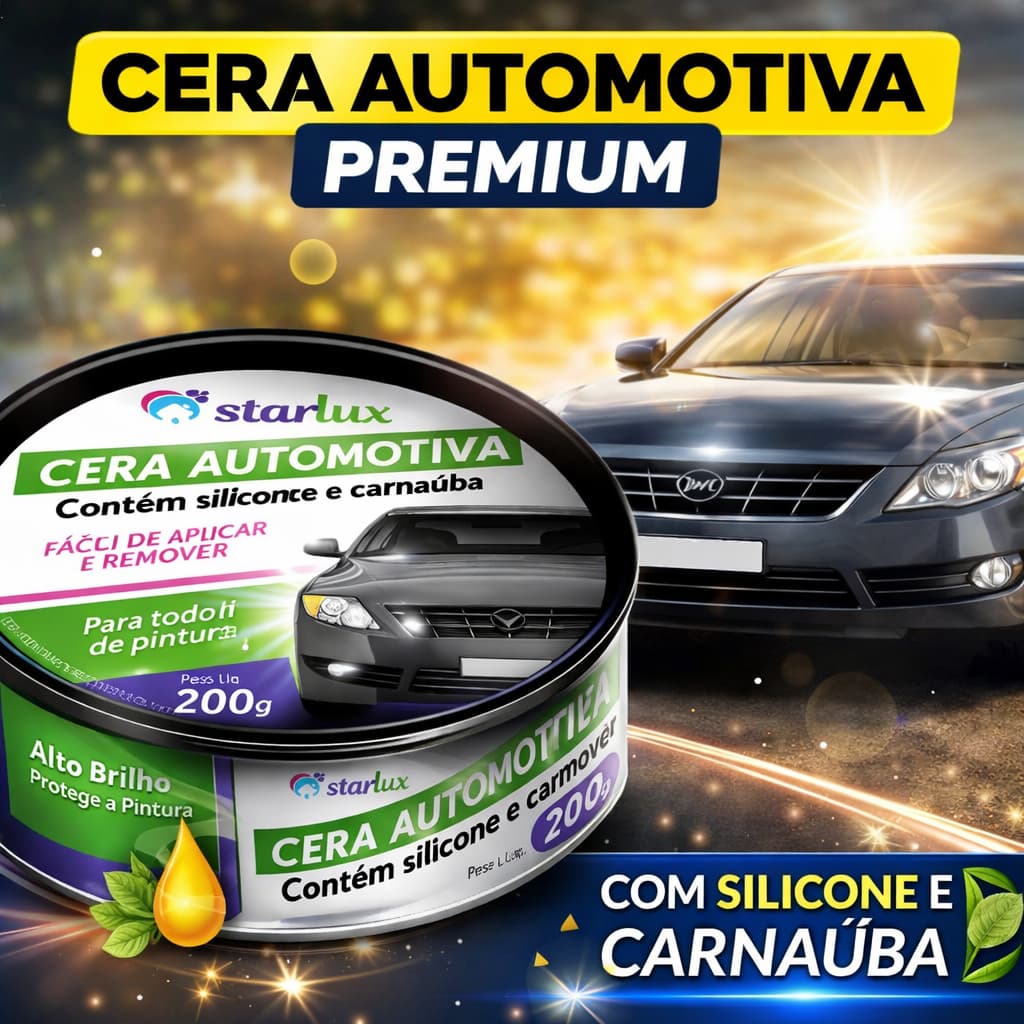 Cera Automotiva Starlux 200g Premium com Silicone e Carnaúba – Alto Brilho e Proteção para Pintura