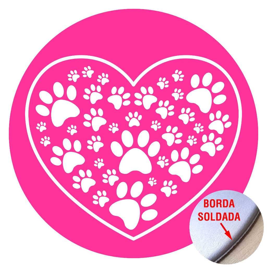 Mouse Pad Redondo Corações Patas Pets Cachorro Gato com Borda Soldada