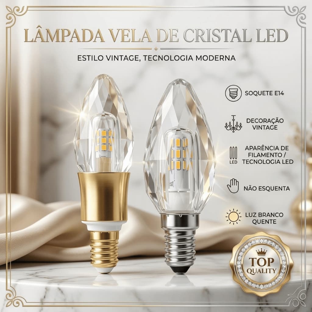 KIT 4 Lâmpada Vela de Cristal LED XLX E14 5W Branco Quente 3500K Lustre Luminária Pendente Luxuosa