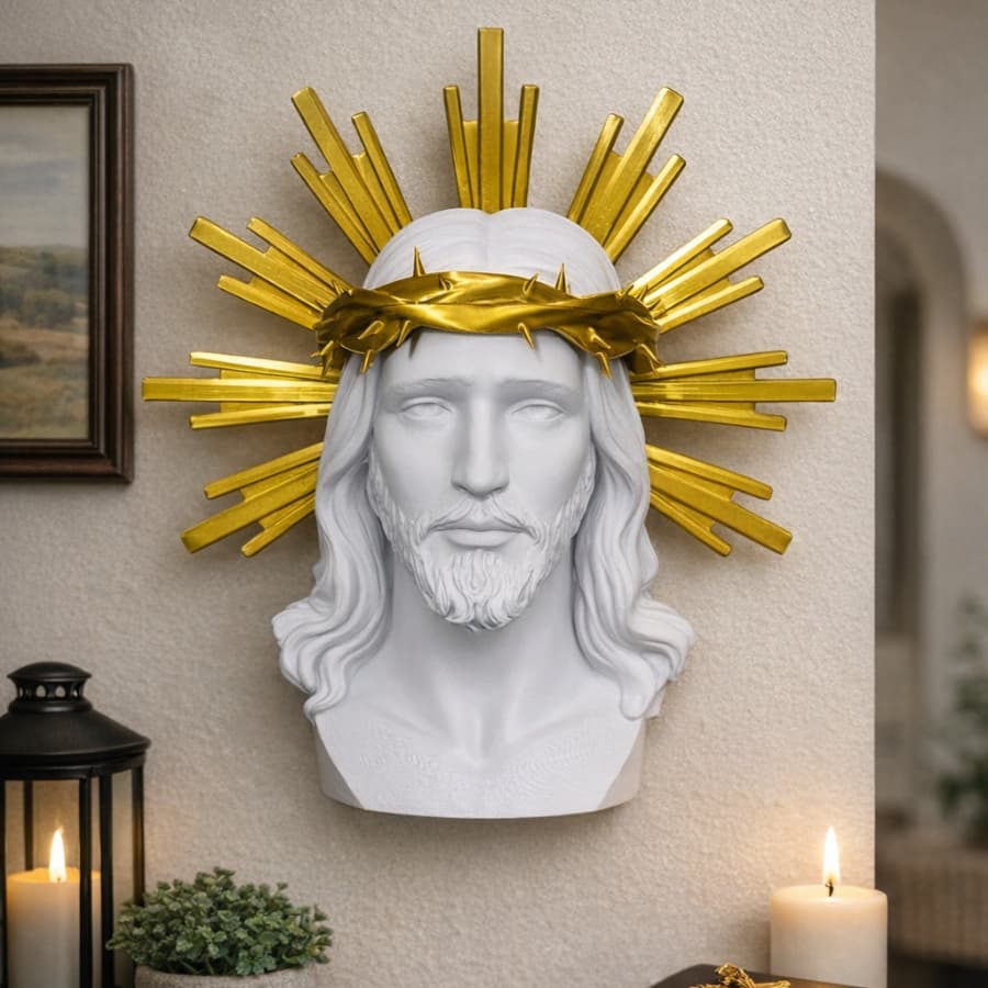 Busto Estatua de Jesus Cristo Branco com Dourado Escultura Crista Decoração