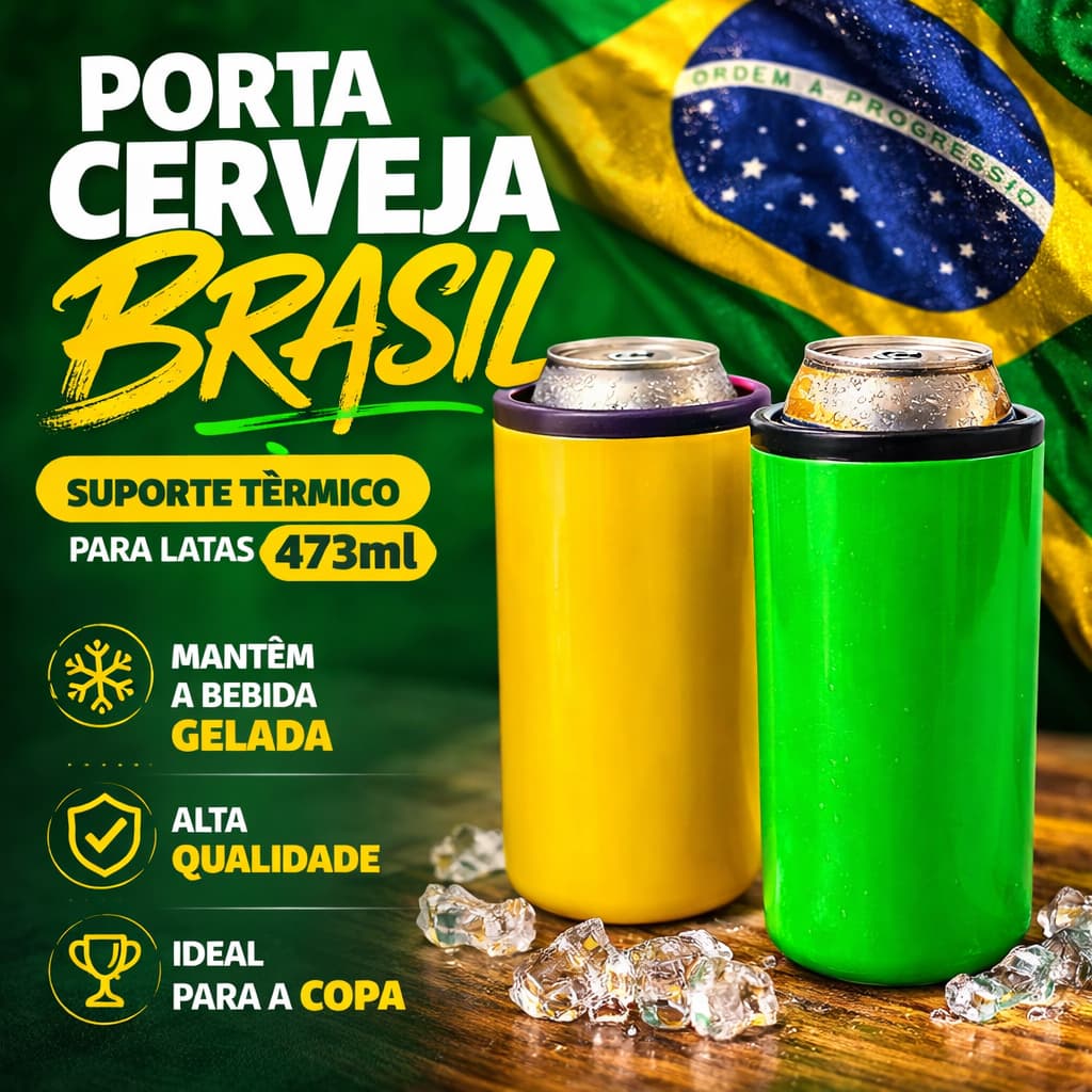 Kit 2 ou 4 Porta Latão Cerveja 473ml Térmico - Mantém Gelada Verde Amarelo Azul Copa Do Mundo Brasil