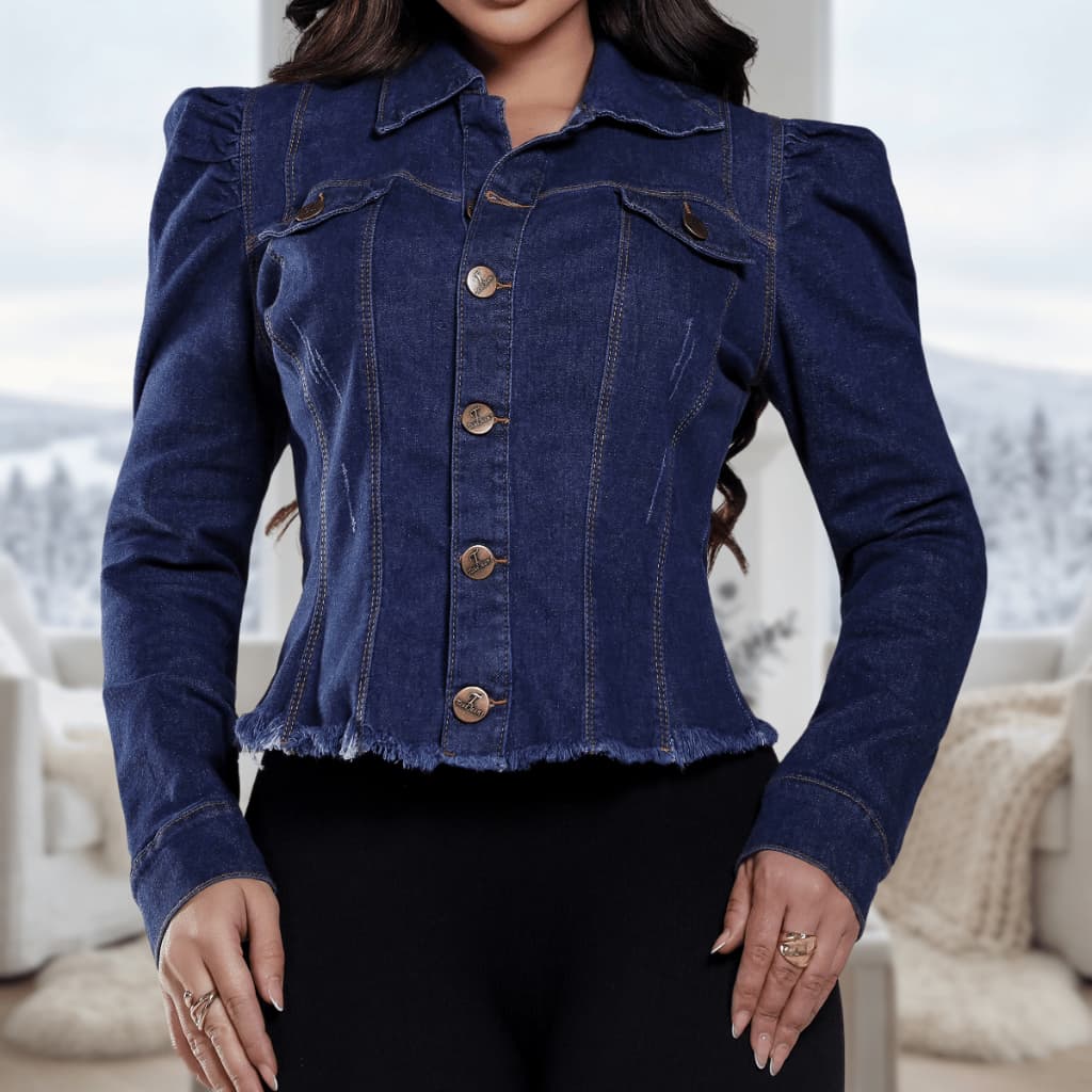 Jaqueta Feminina Jeans Manga Bufante Princesa Lycra Inverno Casaco Frio