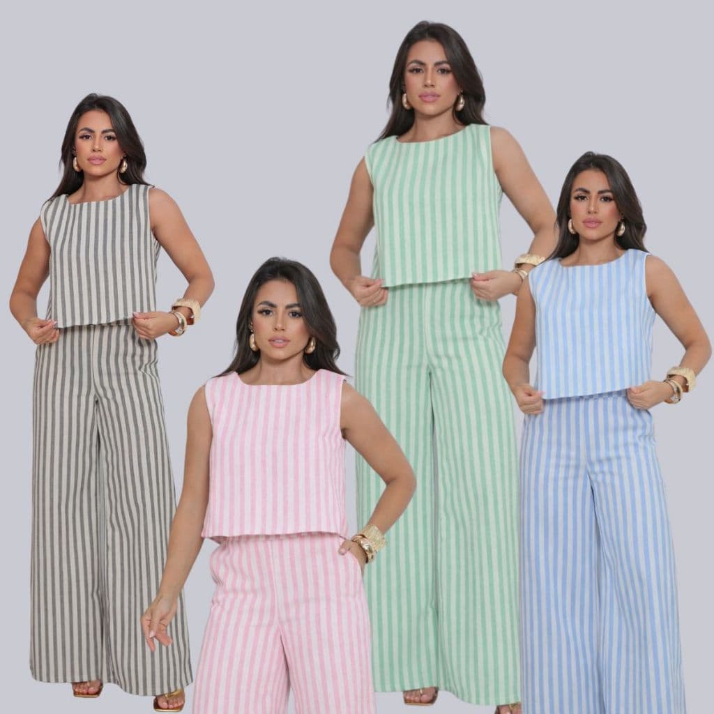 Conjunto Feminino Linho Premium Listrado | Pantalona Alfaiataria Elegante Verão Moda Feminina