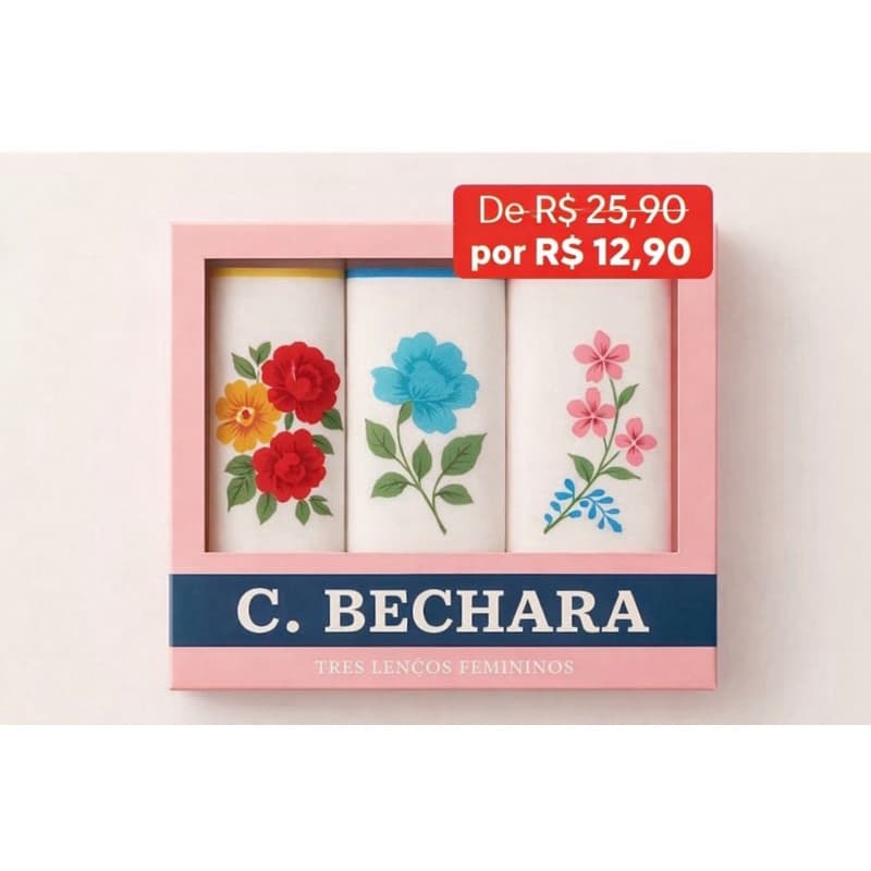 Lenços femininos estampados | Kit com 3 lenços na caixinha | Estilo delicado