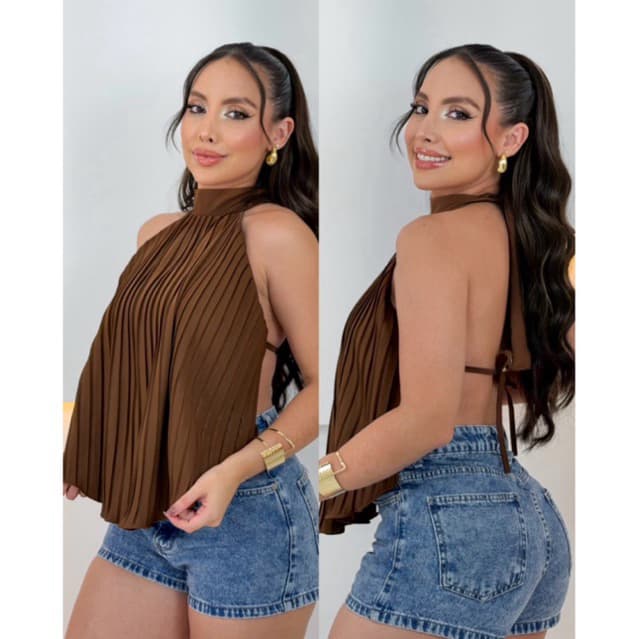 Blusa Bata Feminina Plinssada Alfaiataria Gola Alta Franzida e Amarração Costa Nua Chiffron Tendência Verão 2026