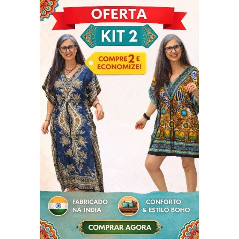 Kit 2 kaftans : 1 longa + 1curta. Vestido Índiano, Túnica Feminina Estilo, Conforto e Elegância. Tamanho Único