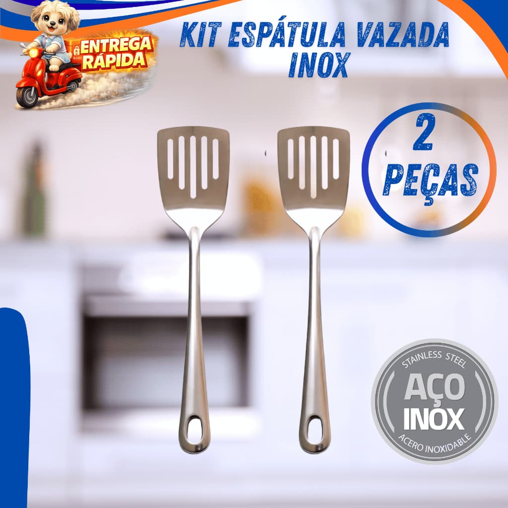 Espátula Vazada Inox Cozinha Utensílio para Frituras Virar Alimentos Espátula Inox Resistente Buffet