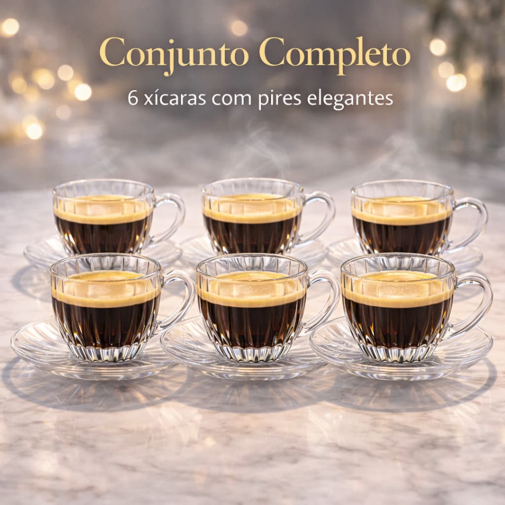 Xícaras de Cristal Siena Jogo 6 Peças com Pires Xícara de Café Elegante 90ml ou 210ml Chá Café