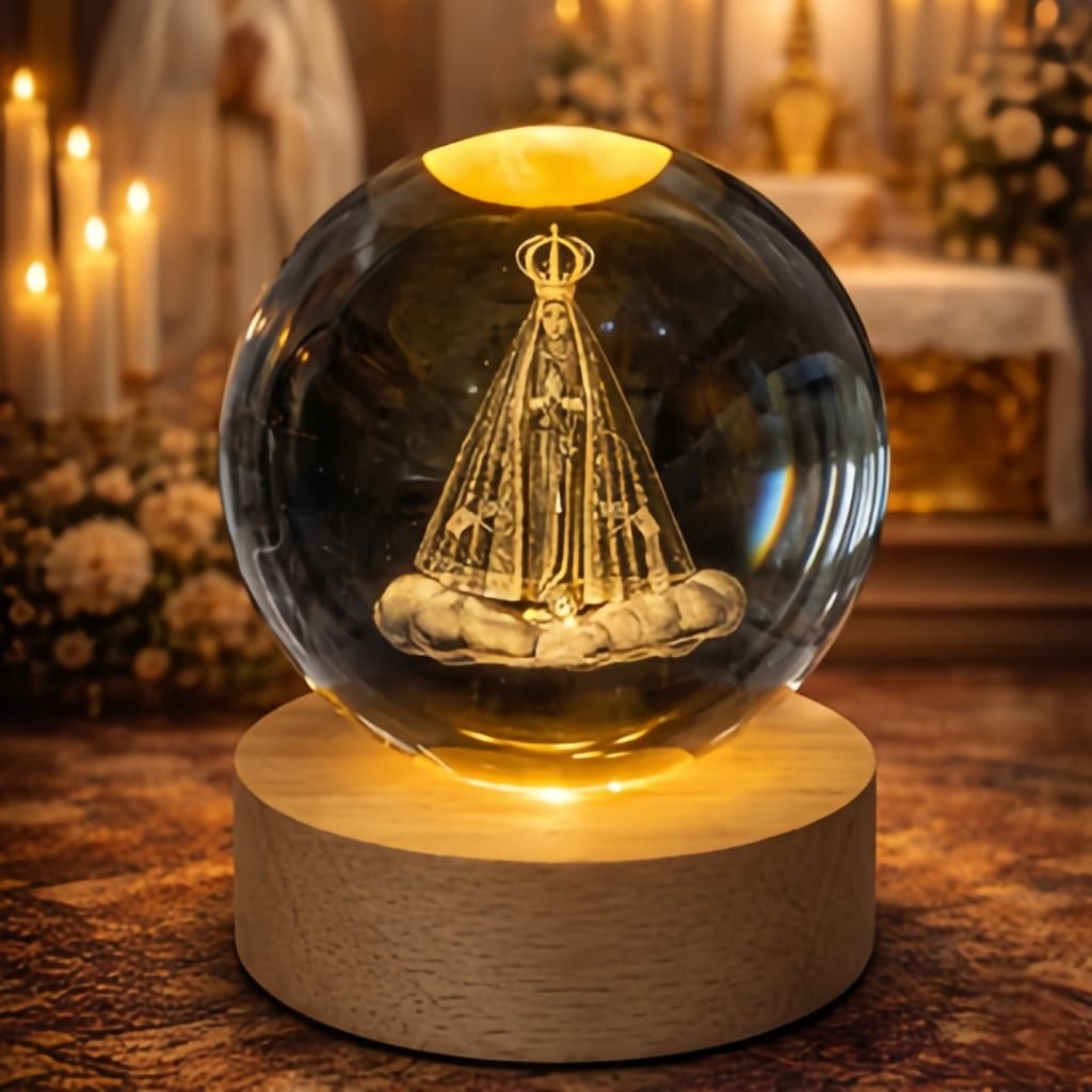 Luminária de Mesa Bola de Cristal Abajur de Mesa Luminária Nossa Senhora Aparecida Madeira Moderna
