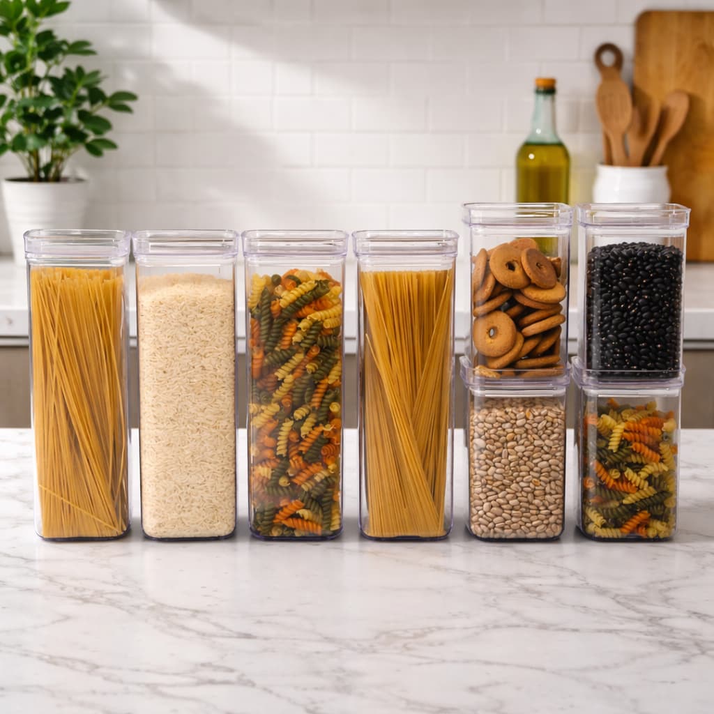 Conjunto 8 Potes Acrílico Cristal 2,2L 1,2L Herméticos BPA Free Para Mantimentos, Alimentos Cereais Empilháveis