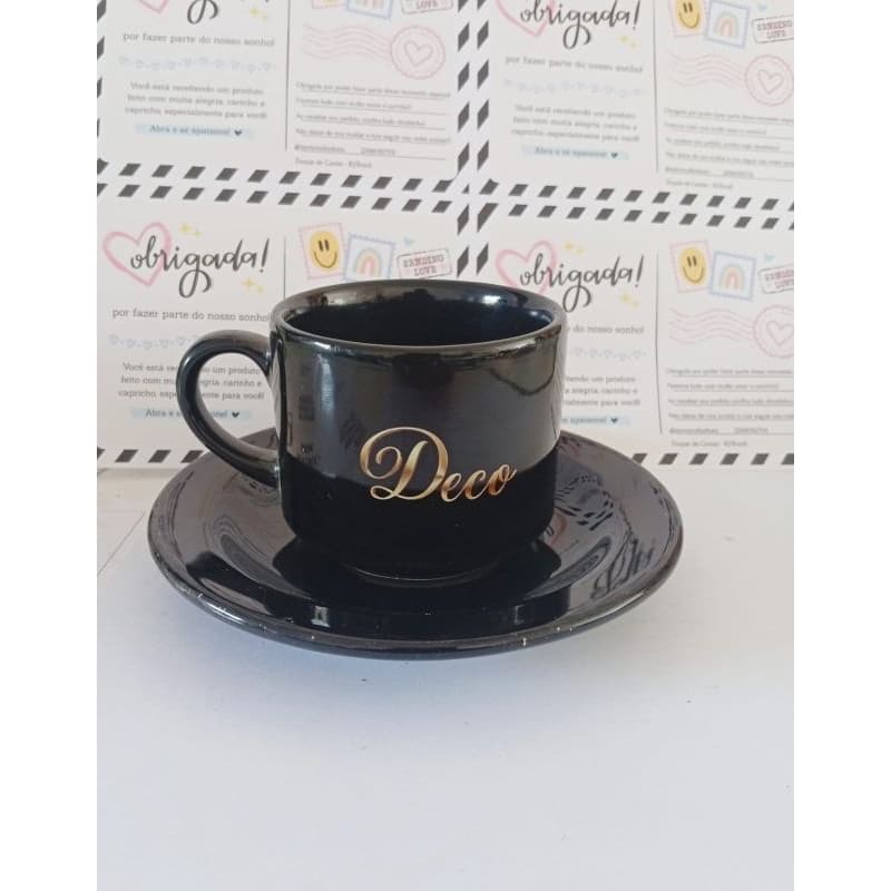 Kit Xícara + pires preto personalizados sua arte, nome, logo, casamento