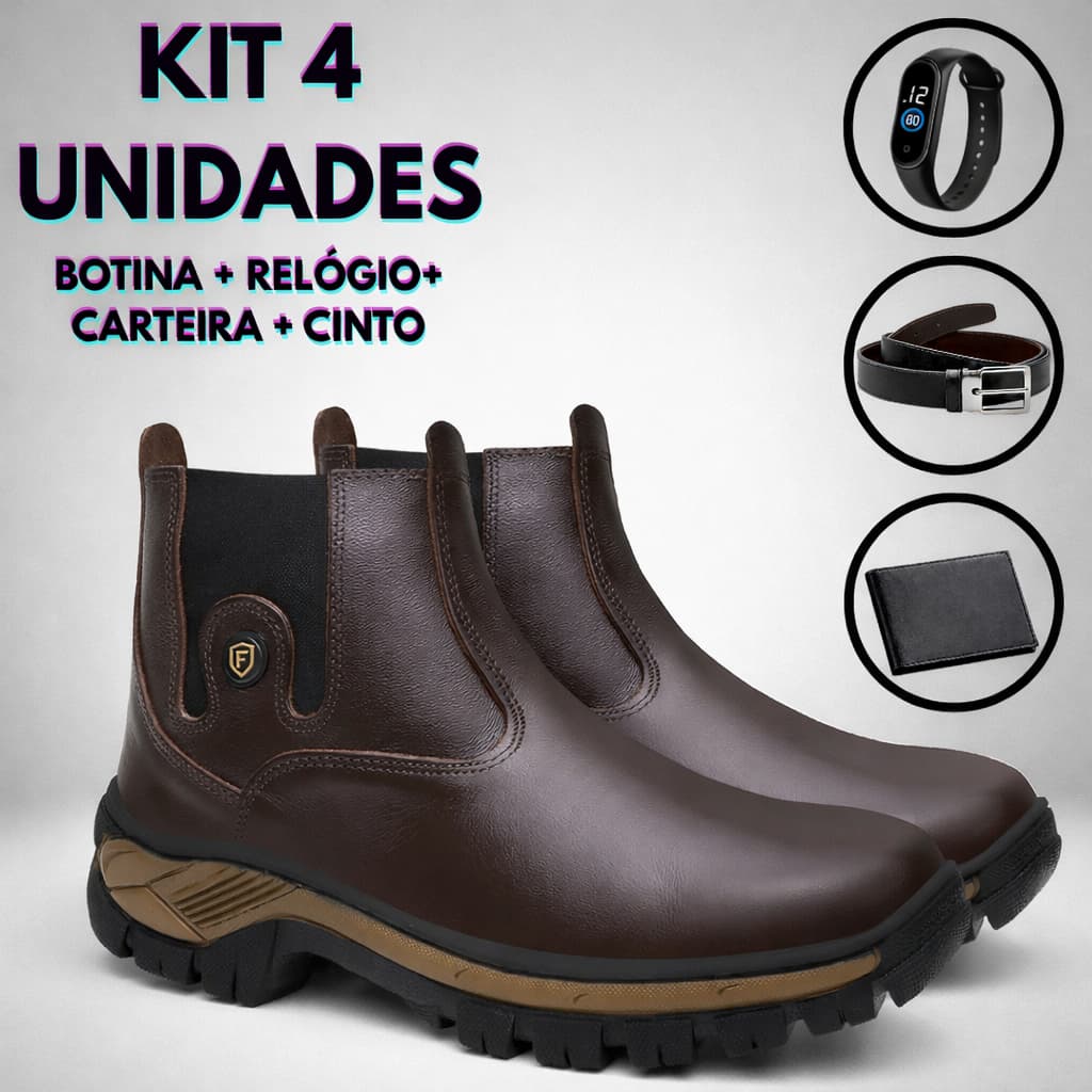 Botina Masculina Bota Coturno Workboot Reforçado Trabalho Trilha Couro Kit Carteira Relogio Cinto