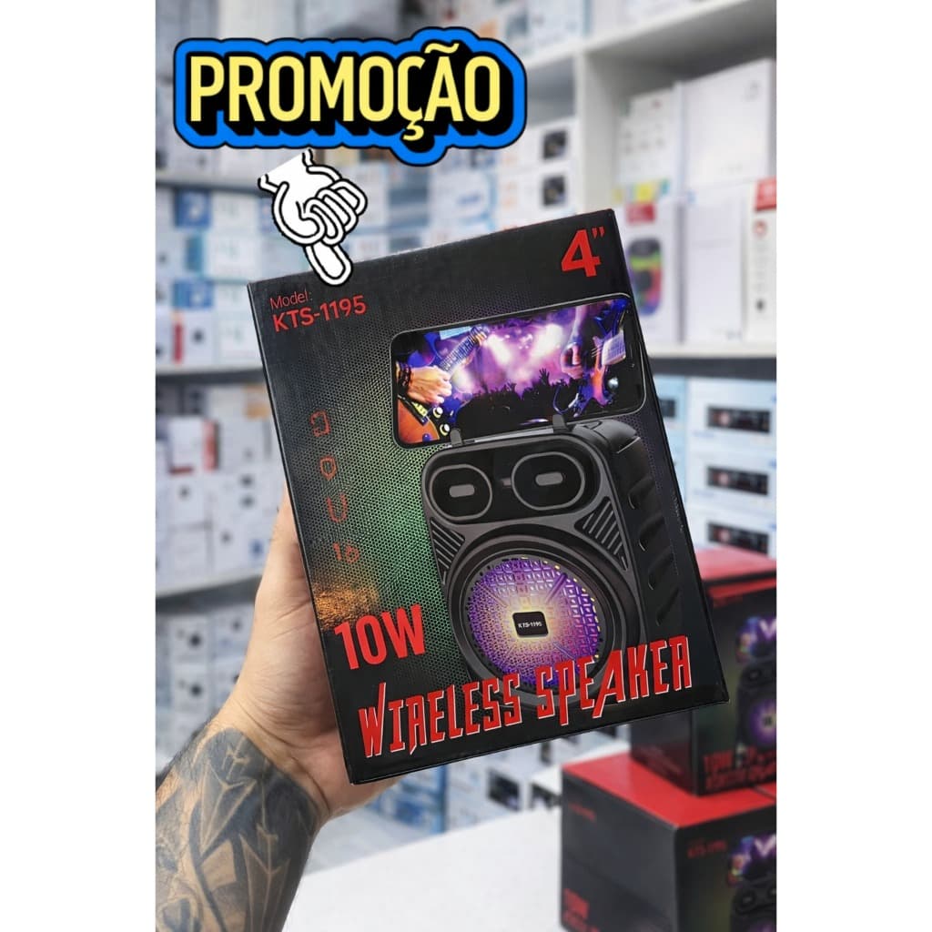 Caixa de Som Bluetooth KTS-1195 10W Portátil 4" LED Colorido Rádio FM USB Micro SD