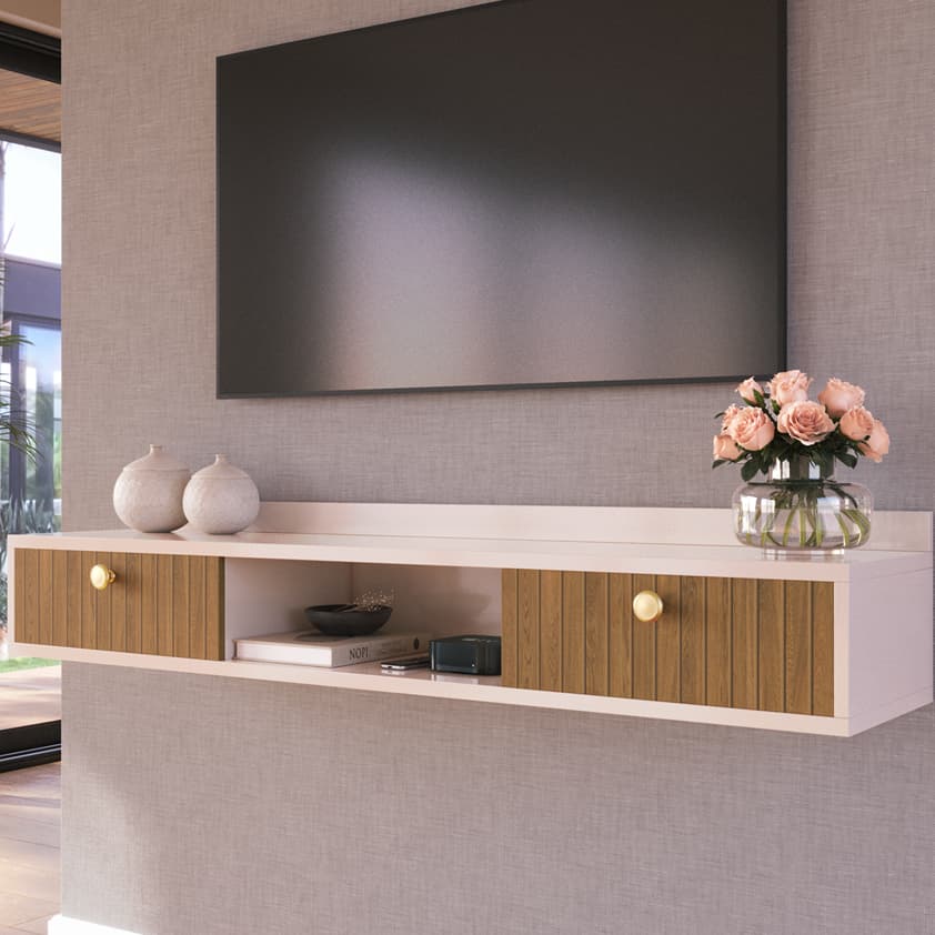 Rack Suspenso para TV com Nicho e Portas - Decorativo para Sala Rack Flutuante Moderno