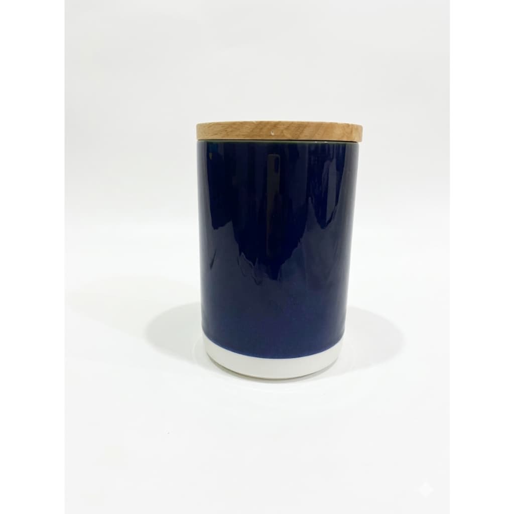 Pote de Cerâmica Azul com Tampa de Madeira Hermético 17cm Porta Café Açúcar Biscoito Decorativo