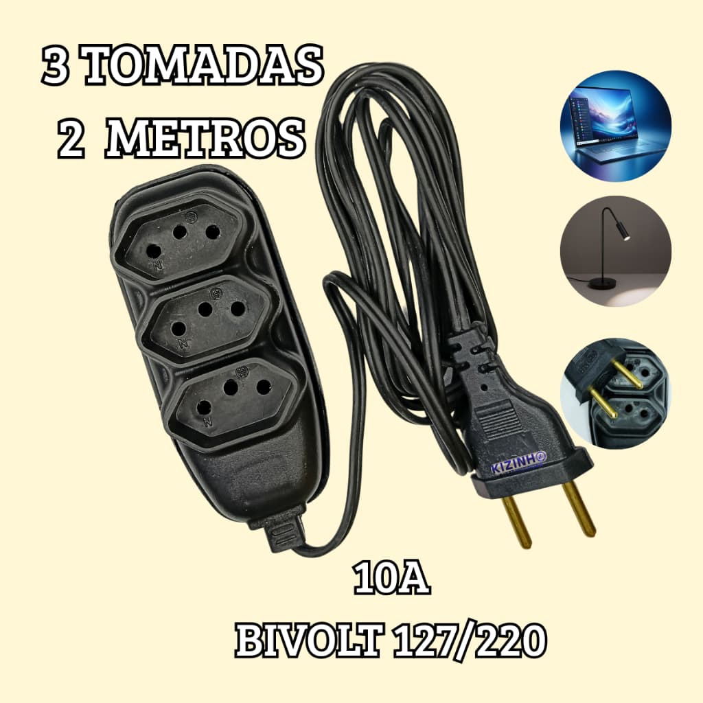 Extensão Elétrica 2 Metros 3 Tomadas Preta 10A Bivolt 127/220