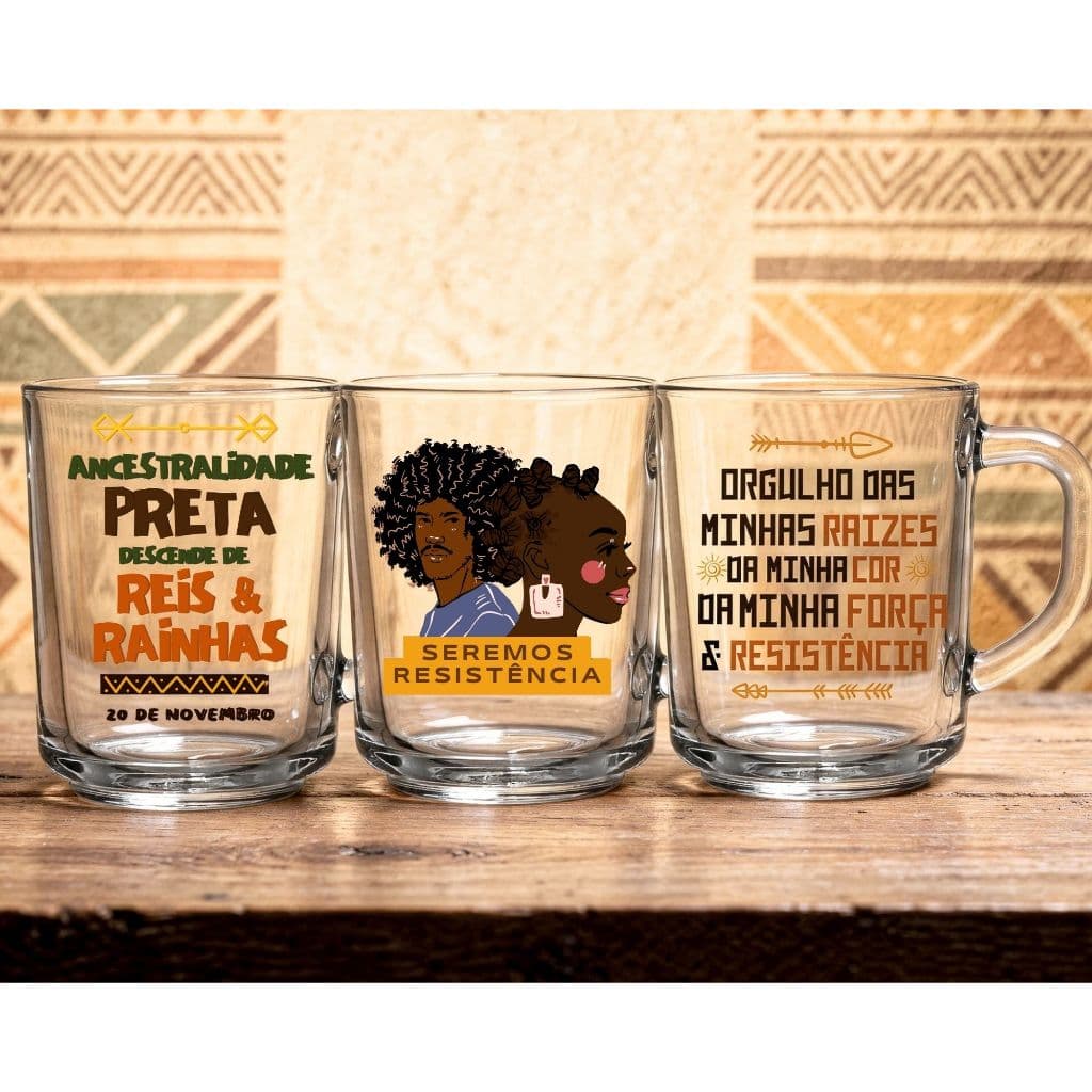 3 Canecas de Vidro 225ml Vidro Personalizada Consciência Negra