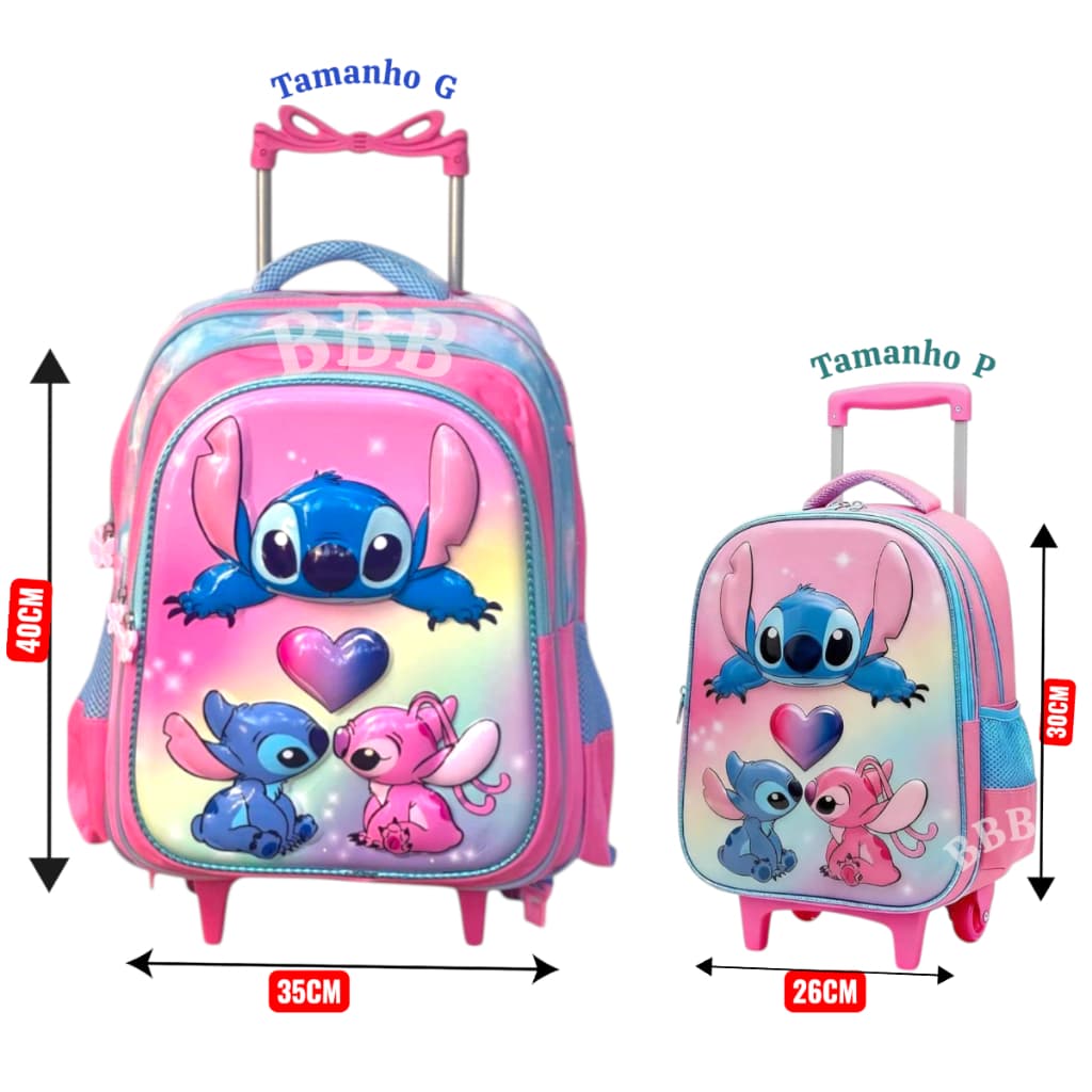 🎀🎒 Mochila Infantil Stitch 3D com Rodinhas -Tam. G e P + Brinde 🎁
