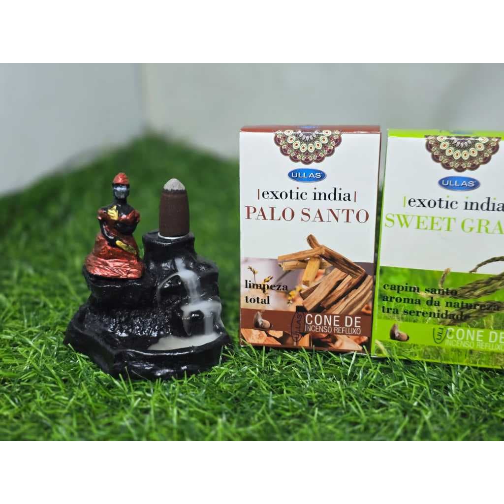 Kit Incensário Cascata Mini Orixá Iansã + 2 Incenso Cascata Back Flow Palo Santo e Sweet Grass Incenso Cone