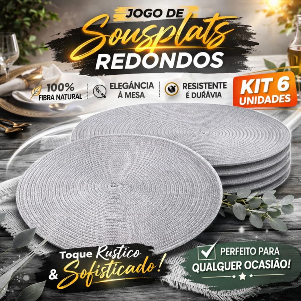 Jogo Americano Redondo, Kit com 6 Peças, Sousplat Elegante para Mesa Posta, Jantar, Almoço e Café